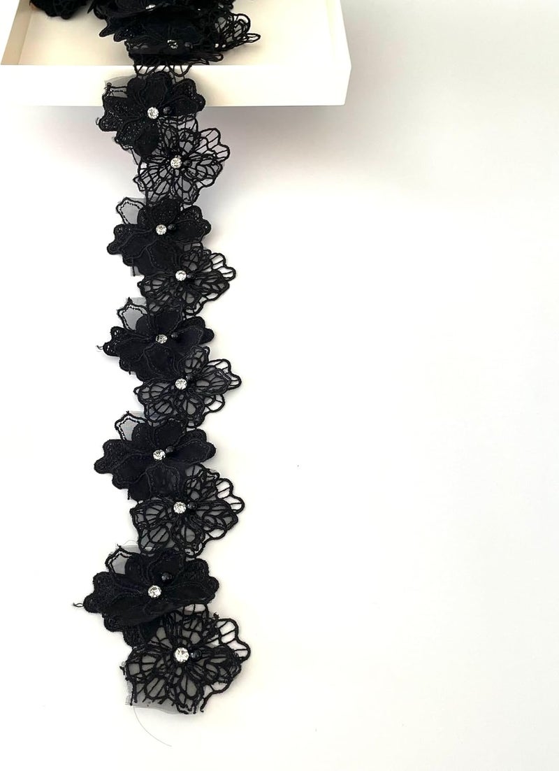 Buysk 2 Yards 3D Pearl Beads Flower Lace Trim Ribbon Floral Applique Embroidered Lace Fabric for Sewing DIY Crafts (Black) - Image 1